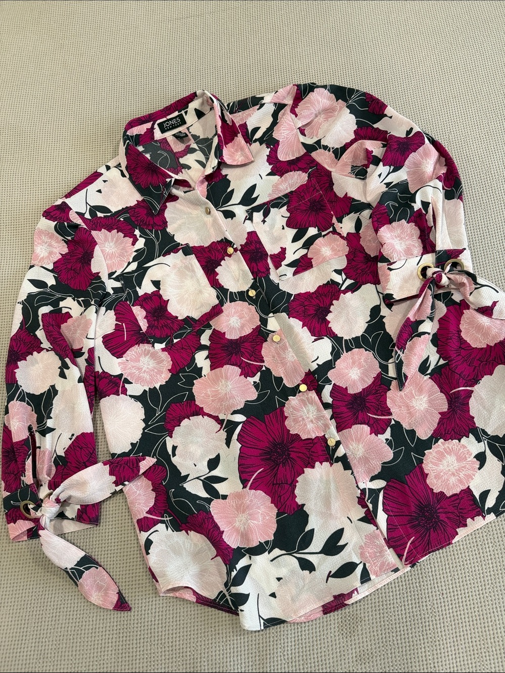 Jones New York Black, Pink & Magenta Floral Button-Up Blouse with Tie Sleeves